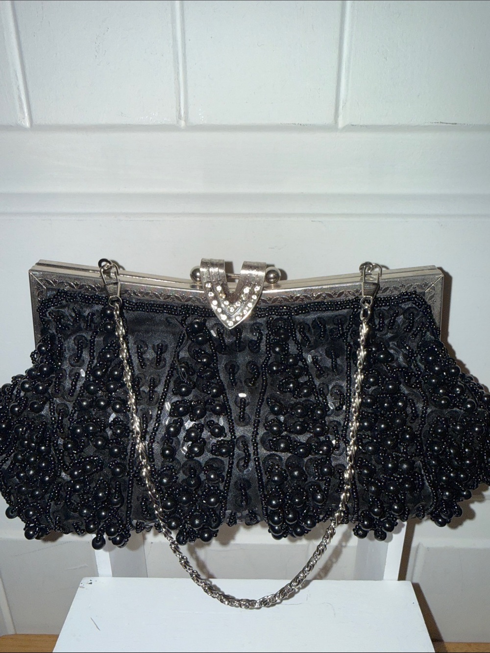 Women’s Black Beaded Evening Clutch with Chain Strap - Picture 3 of 8